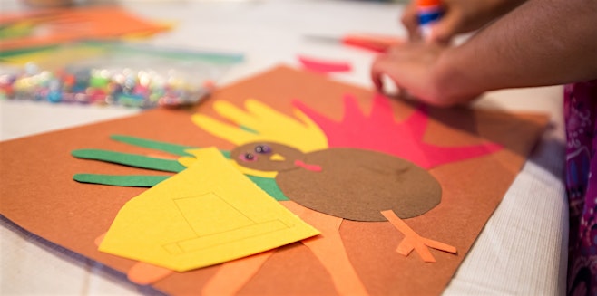 thanksgiving handprint turkey craft with colored paper and glue for covid thanksgiving