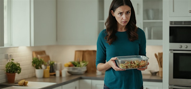 Woman concerned about the status of her leftovers